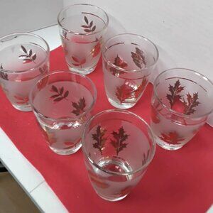 6 pcs (4) oz Vintage Libby Golden Foliage Frosted Gold Leaf Glasses